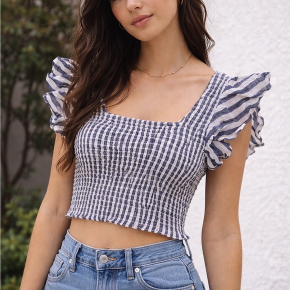 Pants Store Tops - Pants Store Chic Blue Striped Ruffle Crop Top